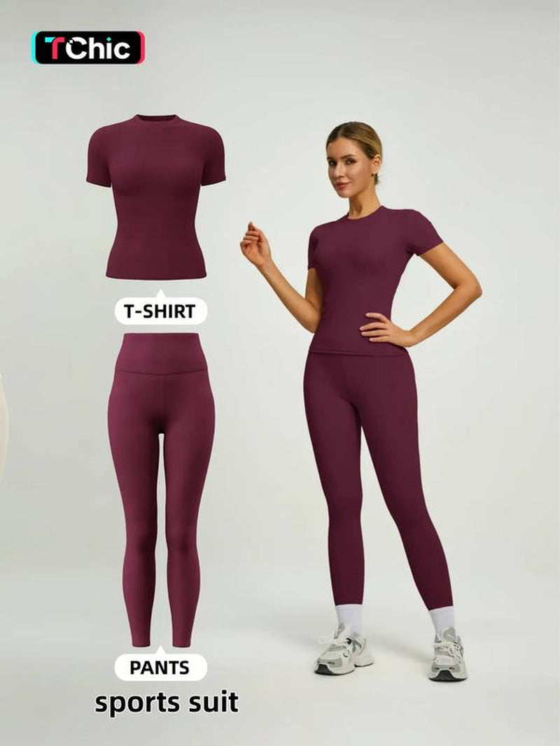 Women'S Short Sleeve Sporty Set, High Waist Yoga Pants & T-Shirt Combo, Ideal for Fitness Gym Sculpting Workout, Workout Running Clothes