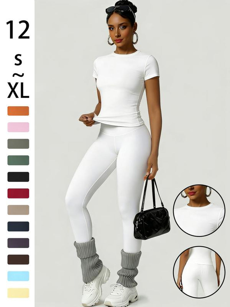 Women'S Sportswear Set, Slim-Fit round Neck Short Sleeves & High-Waisted Yoga Pants, Ideal for Gym Running Outdoor Activities