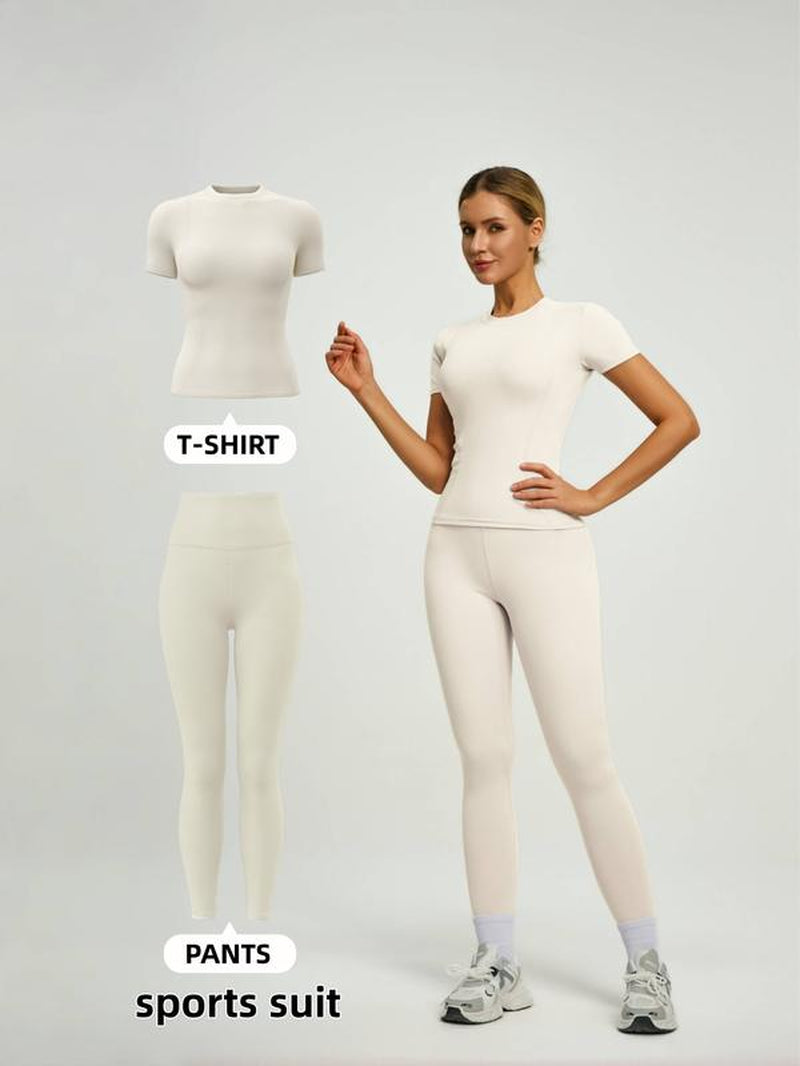 Women'S Short Sleeve Sporty Set, High Waist Yoga Pants & T-Shirt Combo, Ideal for Fitness Gym Sculpting Workout, Workout Running Clothes