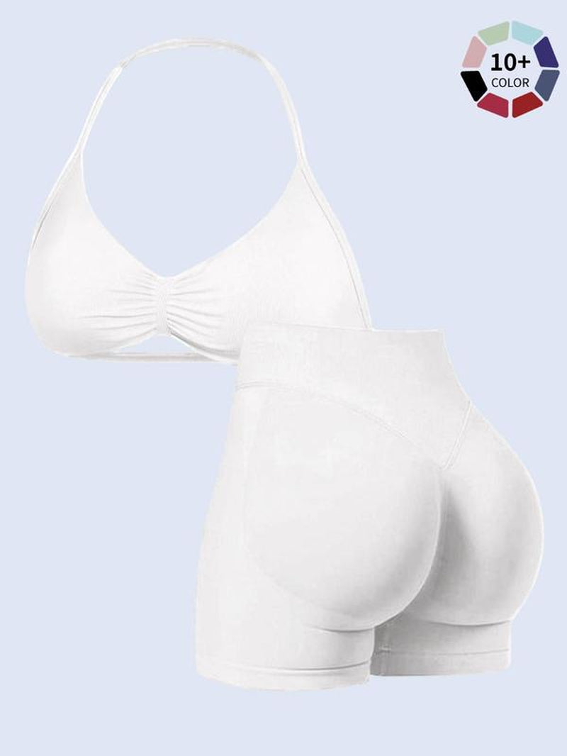 Women'S Two-Piece Set, Solid Color Halter Top & High Waist Shorts, Sports Activewear Set, Sporty Breathable Quick-Dry for Yoga Gym Workout Running