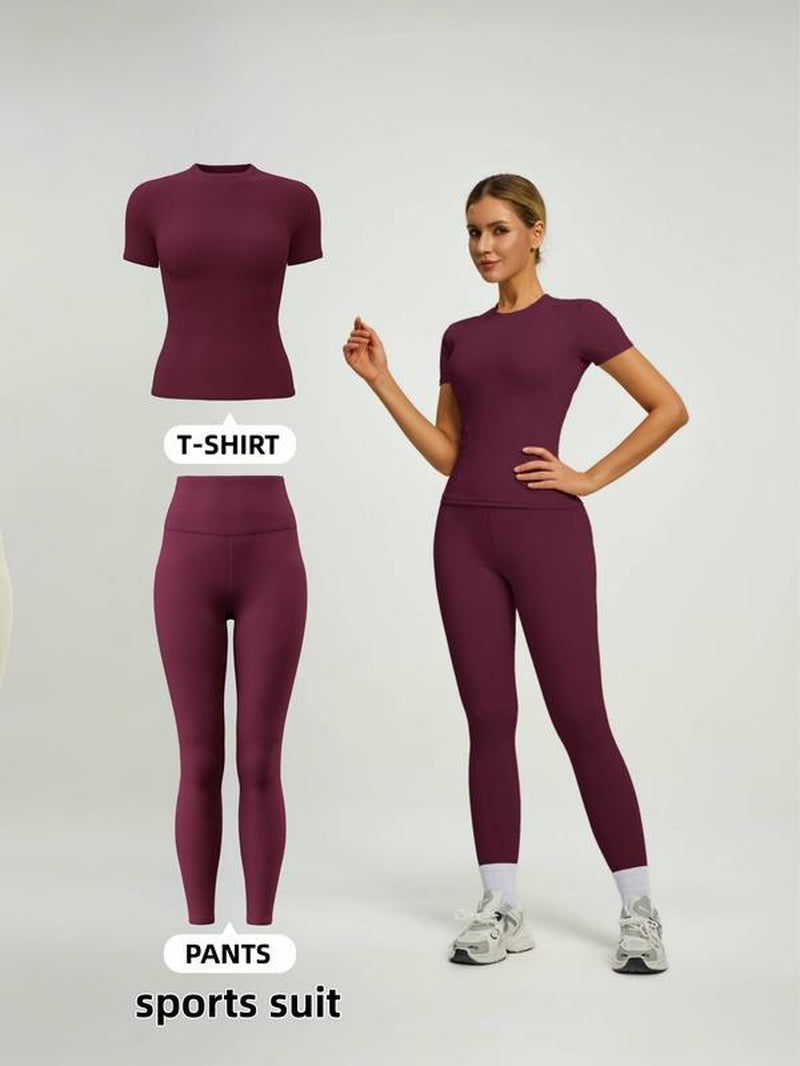 Women'S Short Sleeve Sporty Set, High Waist Yoga Pants & T-Shirt Combo, Ideal for Fitness Gym Sculpting Workout, Workout Running Clothes