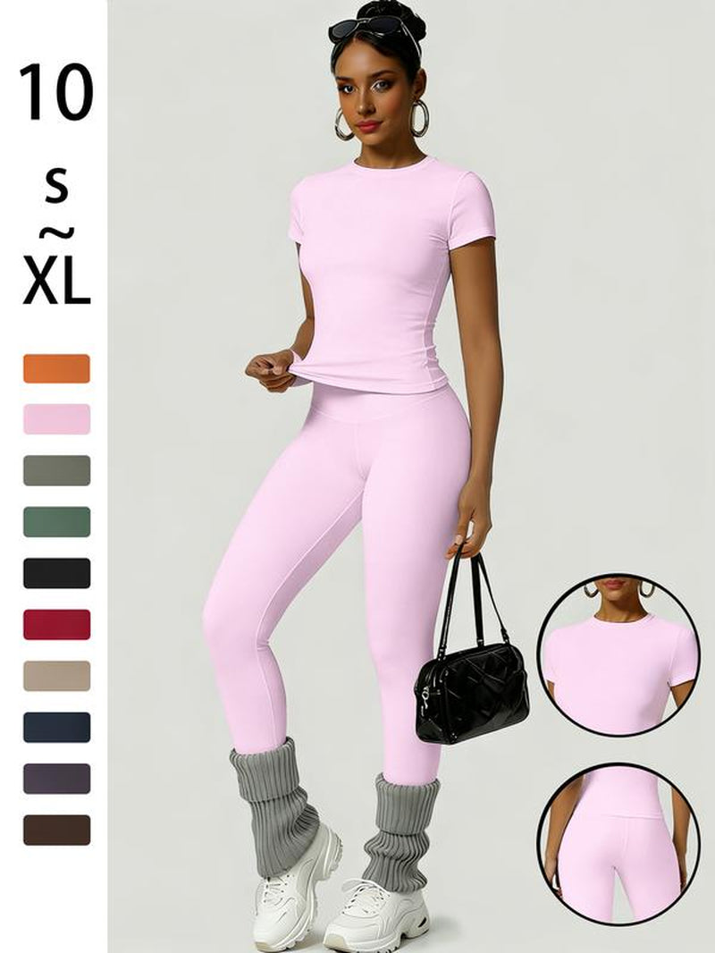 Women'S Sportswear Set, Slim-Fit round Neck Short Sleeves & High-Waisted Yoga Pants, Ideal for Gym Running Outdoor Activities