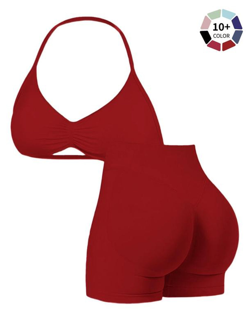 Women'S Two-Piece Set, Solid Color Halter Top & High Waist Shorts, Sports Activewear Set, Sporty Breathable Quick-Dry for Yoga Gym Workout Running