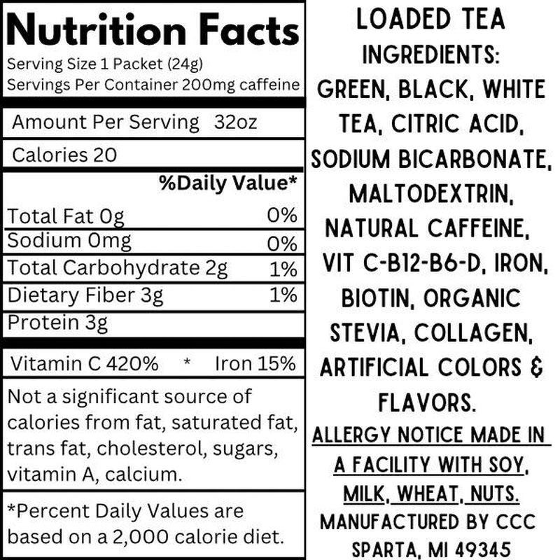 Loaded Teas - Powered Caffeinated Beverage Mix - Sugar-Free & Gluten-Free Energy Powder Drink - 32Oz Smoothie Mix - Made in USA - 24 Months Shelf Life