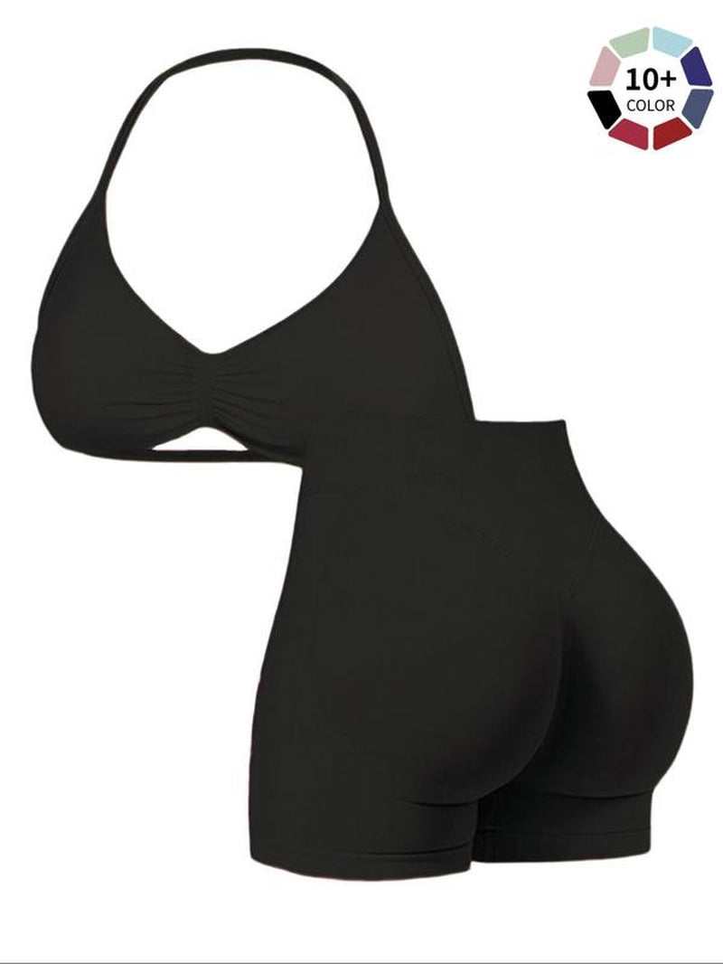 Women'S Two-Piece Set, Solid Color Halter Top & High Waist Shorts, Sports Activewear Set, Sporty Breathable Quick-Dry for Yoga Gym Workout Running