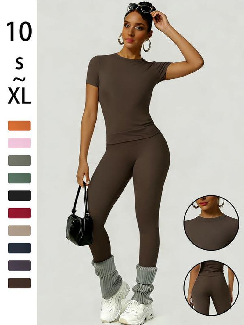 Women'S Sportswear Set, Slim-Fit round Neck Short Sleeves & High-Waisted Yoga Pants, Ideal for Gym Running Outdoor Activities