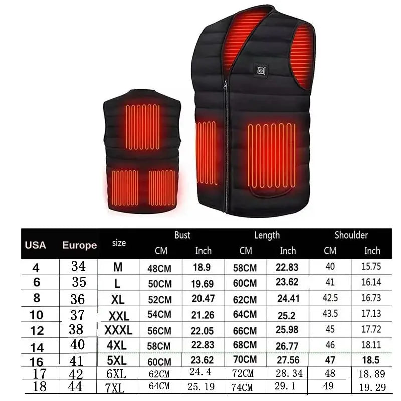 Men Autumn Winter Smart Heating Cotton Vest 9 Area Heated V Neck Vest Women Outdoor Flexible Thermal Winter Warm Jacket M-7XL