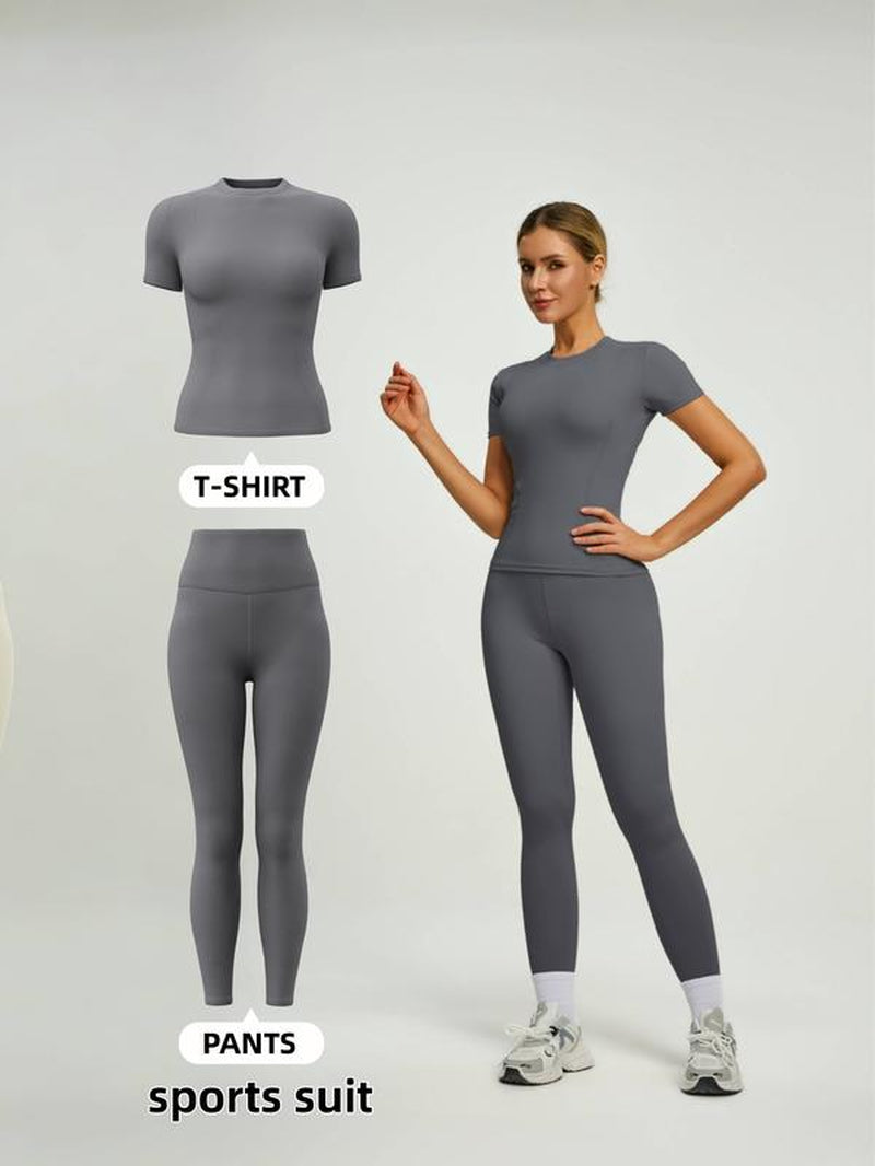 Women'S Short Sleeve Sporty Set, High Waist Yoga Pants & T-Shirt Combo, Ideal for Fitness Gym Sculpting Workout, Workout Running Clothes