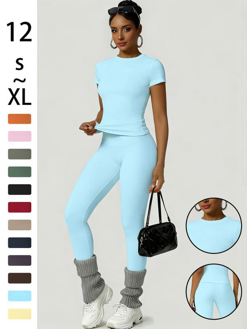 Women'S Sportswear Set, Slim-Fit round Neck Short Sleeves & High-Waisted Yoga Pants, Ideal for Gym Running Outdoor Activities