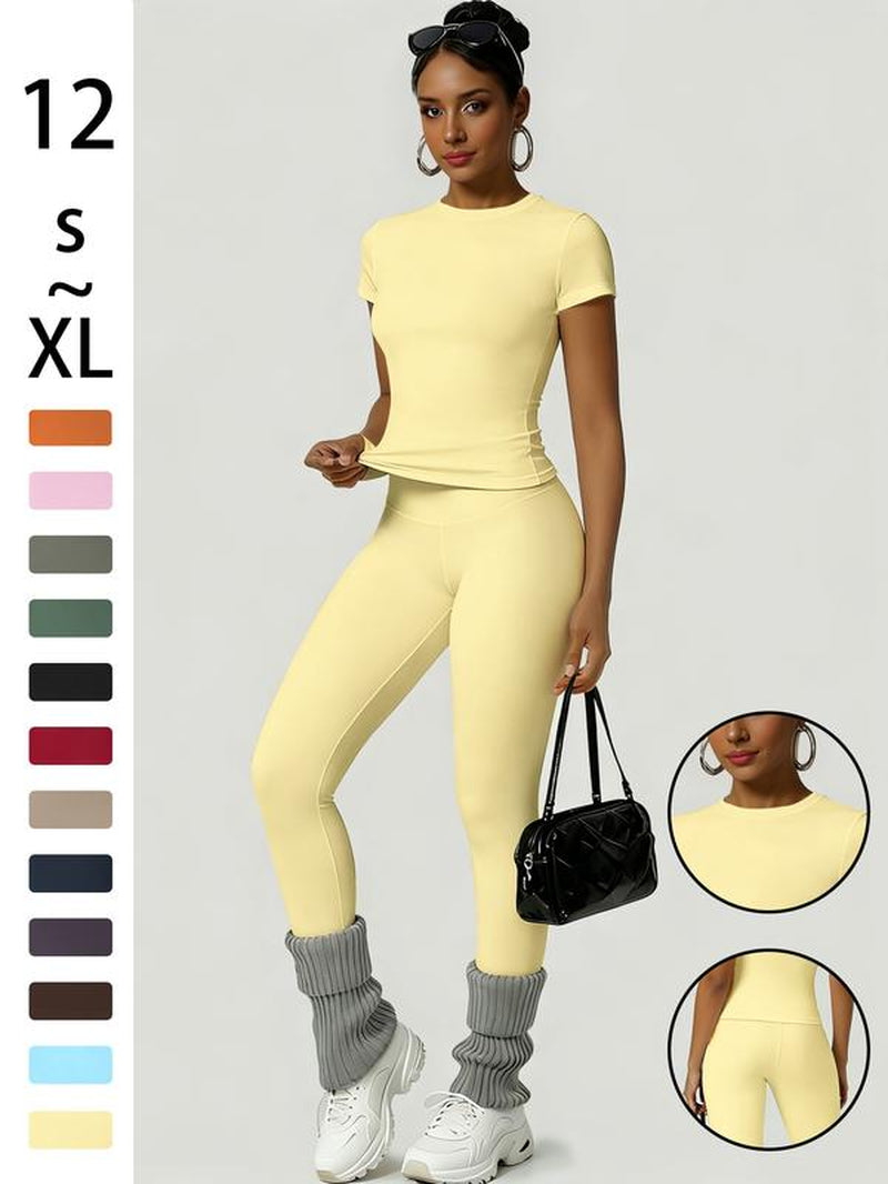 Women'S Sportswear Set, Slim-Fit round Neck Short Sleeves & High-Waisted Yoga Pants, Ideal for Gym Running Outdoor Activities