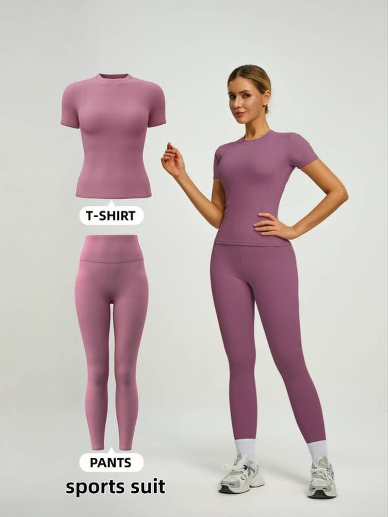 Women'S Short Sleeve Sporty Set, High Waist Yoga Pants & T-Shirt Combo, Ideal for Fitness Gym Sculpting Workout, Workout Running Clothes