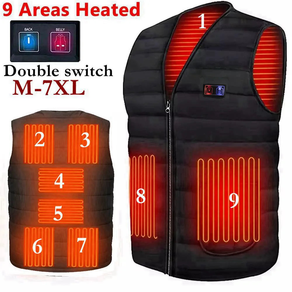 Men Autumn Winter Smart Heating Cotton Vest 9 Area Heated V Neck Vest Women Outdoor Flexible Thermal Winter Warm Jacket M-7XL