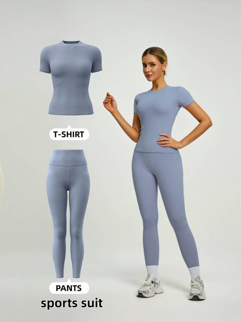 Women'S Short Sleeve Sporty Set, High Waist Yoga Pants & T-Shirt Combo, Ideal for Fitness Gym Sculpting Workout, Workout Running Clothes