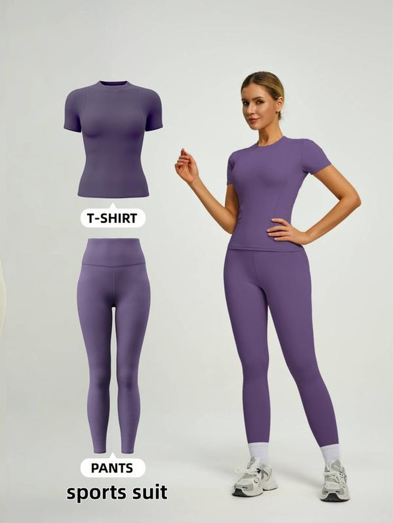 Women'S Short Sleeve Sporty Set, High Waist Yoga Pants & T-Shirt Combo, Ideal for Fitness Gym Sculpting Workout, Workout Running Clothes