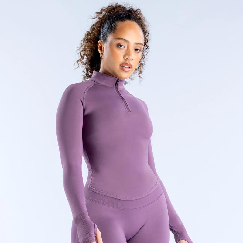 DFYNE Impact Half Zippy Gym Outfits Gym Fits Seamless Long Sleeve Zip-Up Crop Top for Women