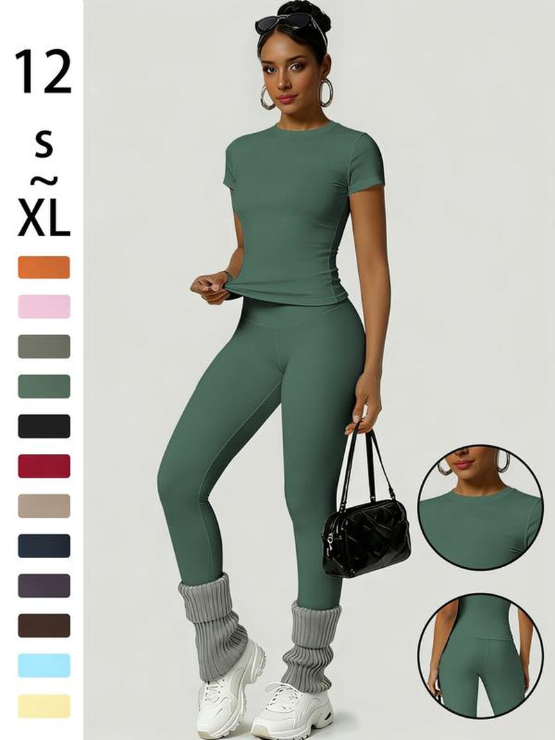 Women'S Sportswear Set, Slim-Fit round Neck Short Sleeves & High-Waisted Yoga Pants, Ideal for Gym Running Outdoor Activities