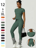 Women'S Sportswear Set, Slim-Fit round Neck Short Sleeves & High-Waisted Yoga Pants, Ideal for Gym Running Outdoor Activities