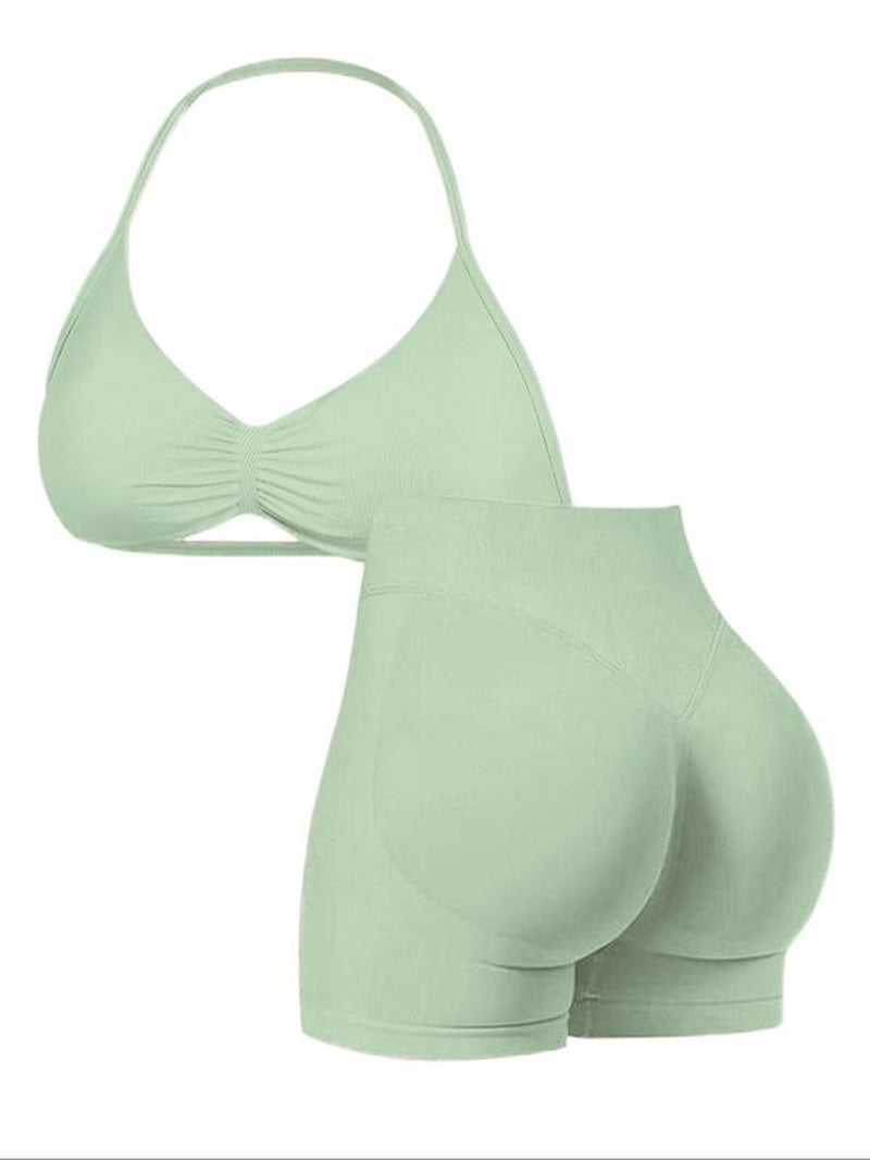 Women'S Two-Piece Set, Solid Color Halter Top & High Waist Shorts, Sports Activewear Set, Sporty Breathable Quick-Dry for Yoga Gym Workout Running