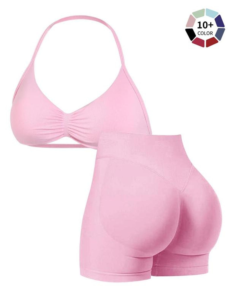 Women'S Two-Piece Set, Solid Color Halter Top & High Waist Shorts, Sports Activewear Set, Sporty Breathable Quick-Dry for Yoga Gym Workout Running