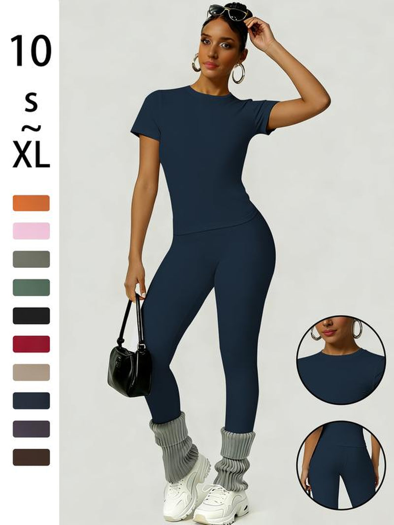 Women'S Sportswear Set, Slim-Fit round Neck Short Sleeves & High-Waisted Yoga Pants, Ideal for Gym Running Outdoor Activities