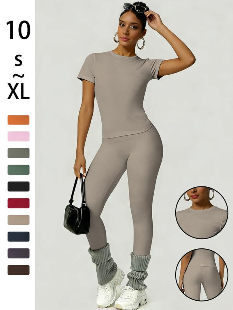 Women'S Sportswear Set, Slim-Fit round Neck Short Sleeves & High-Waisted Yoga Pants, Ideal for Gym Running Outdoor Activities
