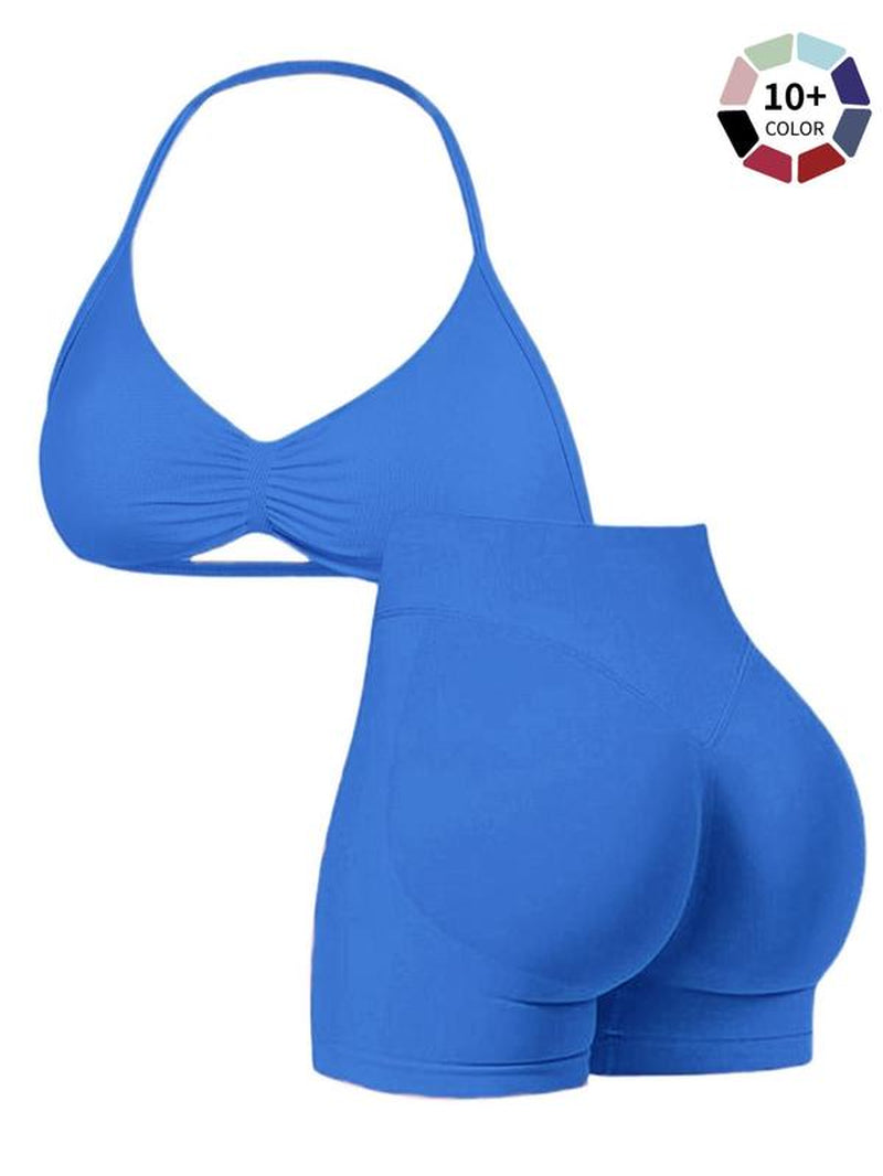 Women'S Two-Piece Set, Solid Color Halter Top & High Waist Shorts, Sports Activewear Set, Sporty Breathable Quick-Dry for Yoga Gym Workout Running