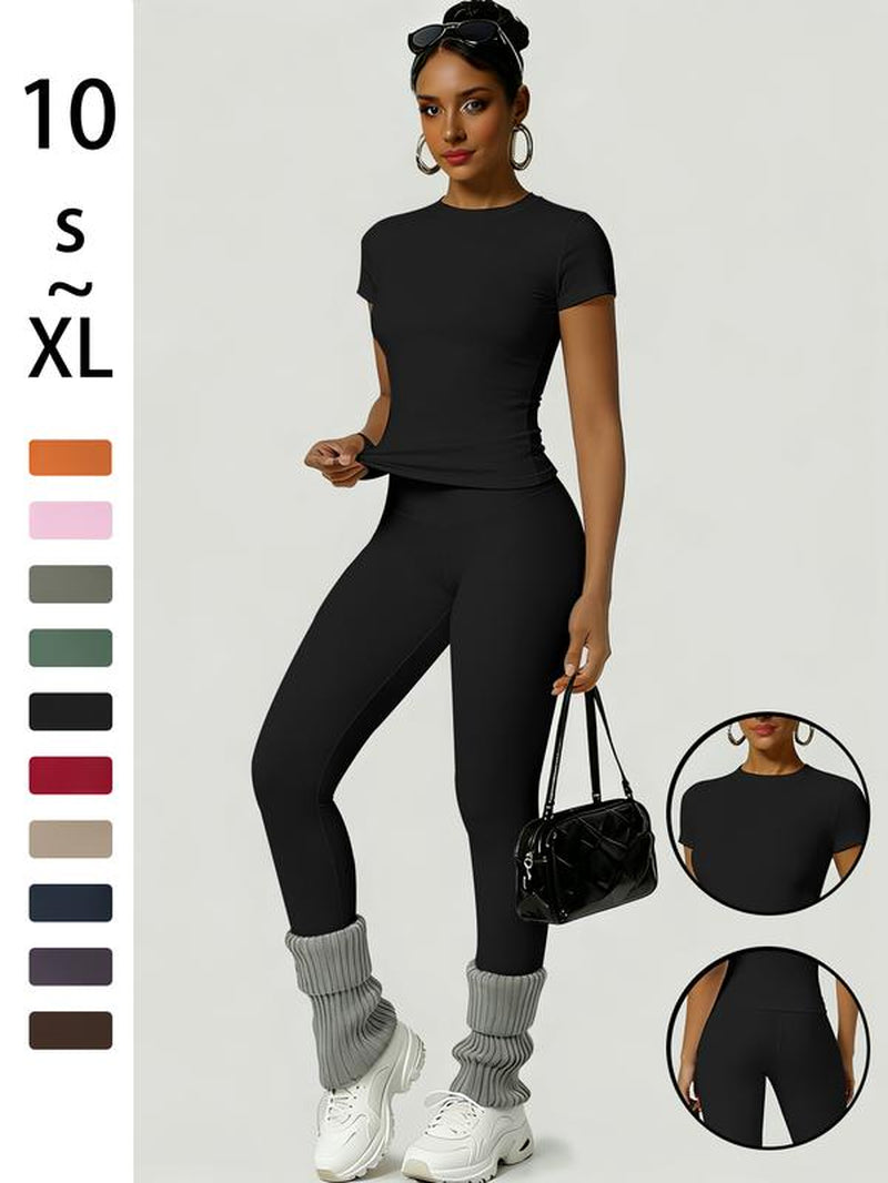 Women'S Sportswear Set, Slim-Fit round Neck Short Sleeves & High-Waisted Yoga Pants, Ideal for Gym Running Outdoor Activities